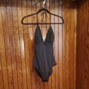 LA PERLA SIZE 12 Black Halter One-Piece Swimsuit With Embroidered Top